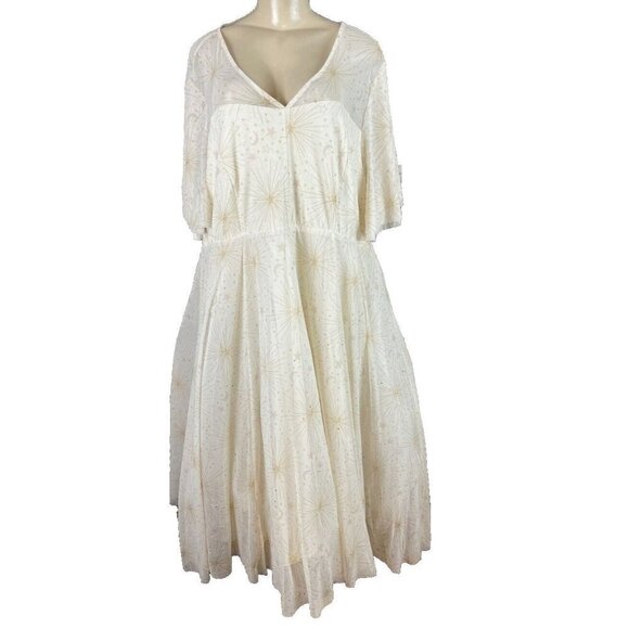 Torrid 30 Ivory Celestial Lined Mesh Tulle Keyhole Back Short Sleeve Midi Dress - Picture 2 of 6